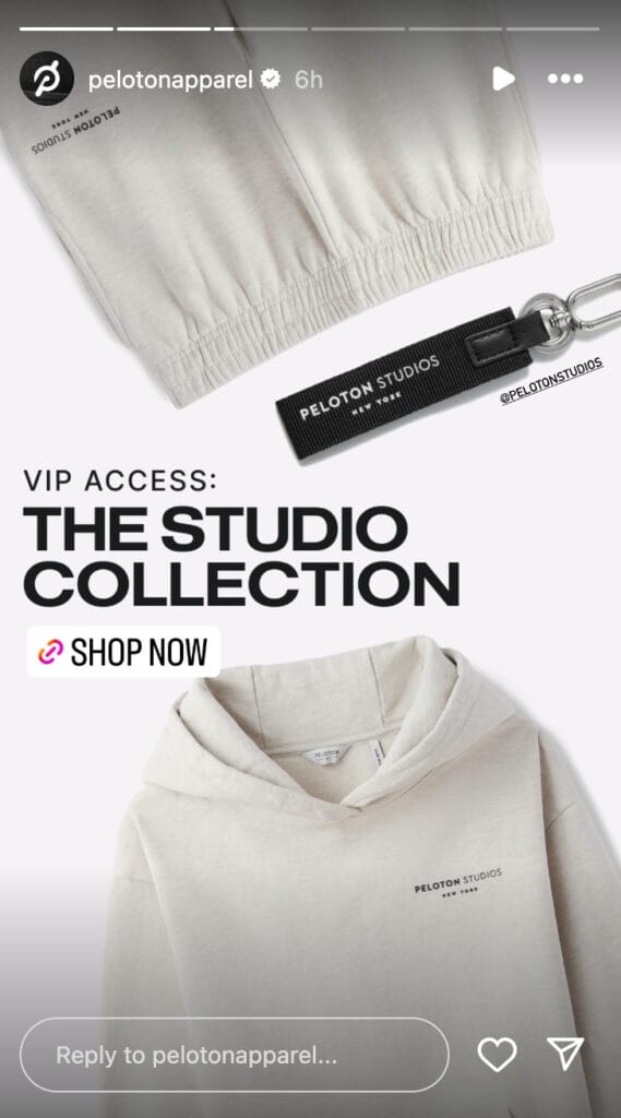 @PelotonApparel Instagram Story announcing studio apparel collection. Image credit Peloton social media.
